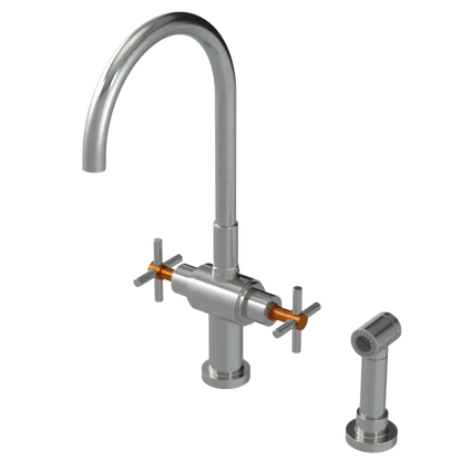 Rubinet Two Handle Single Hole Kitchen Set with LaSalle Spout with Hand Spray Satin Nickel