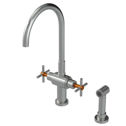 Rubinet Two Handle Single Hole Kitchen Set with LaSalle Spout with Hand Spray Satin Nickel
