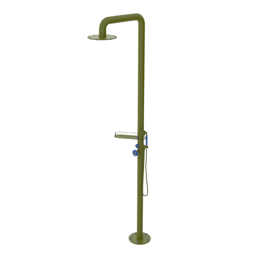 Rubinet Pressure Balance Outdoor Shower with Hand Held Shower & 10" Shower Head (with shelf) - 304 Stainless Steel Green Envy