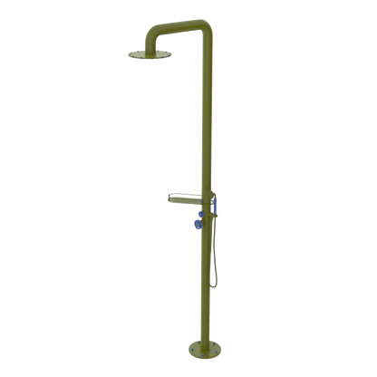 Rubinet Pressure Balance Outdoor Shower with Hand Held Shower & 10" Shower Head (with shelf) - 304 Stainless Steel Green Envy