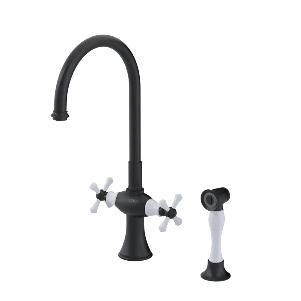 Rubinet Two Handle Single Hole Kitchen Set with Hand Spray Matt Black