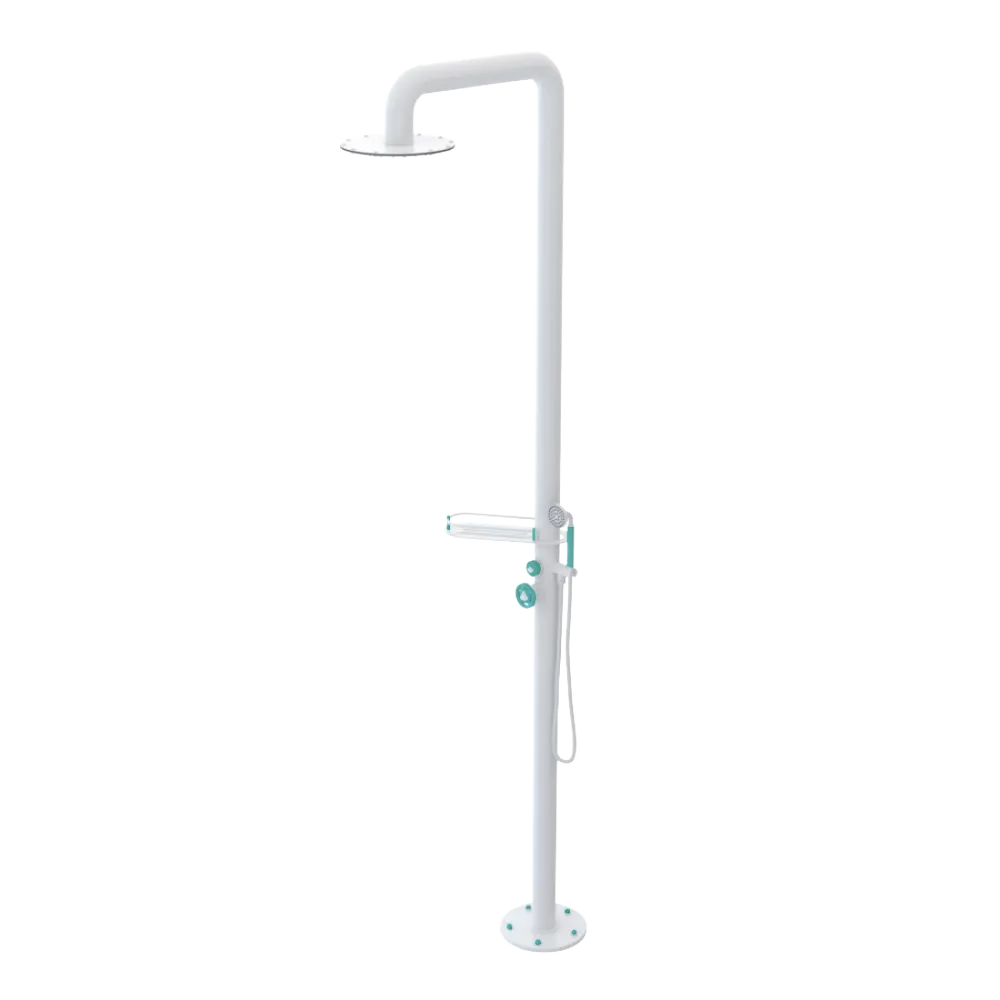 Rubinet Pressure Balance Outdoor Shower with Hand Held Shower & 10" Shower Head (with shelf) - 304 Stainless Steel White