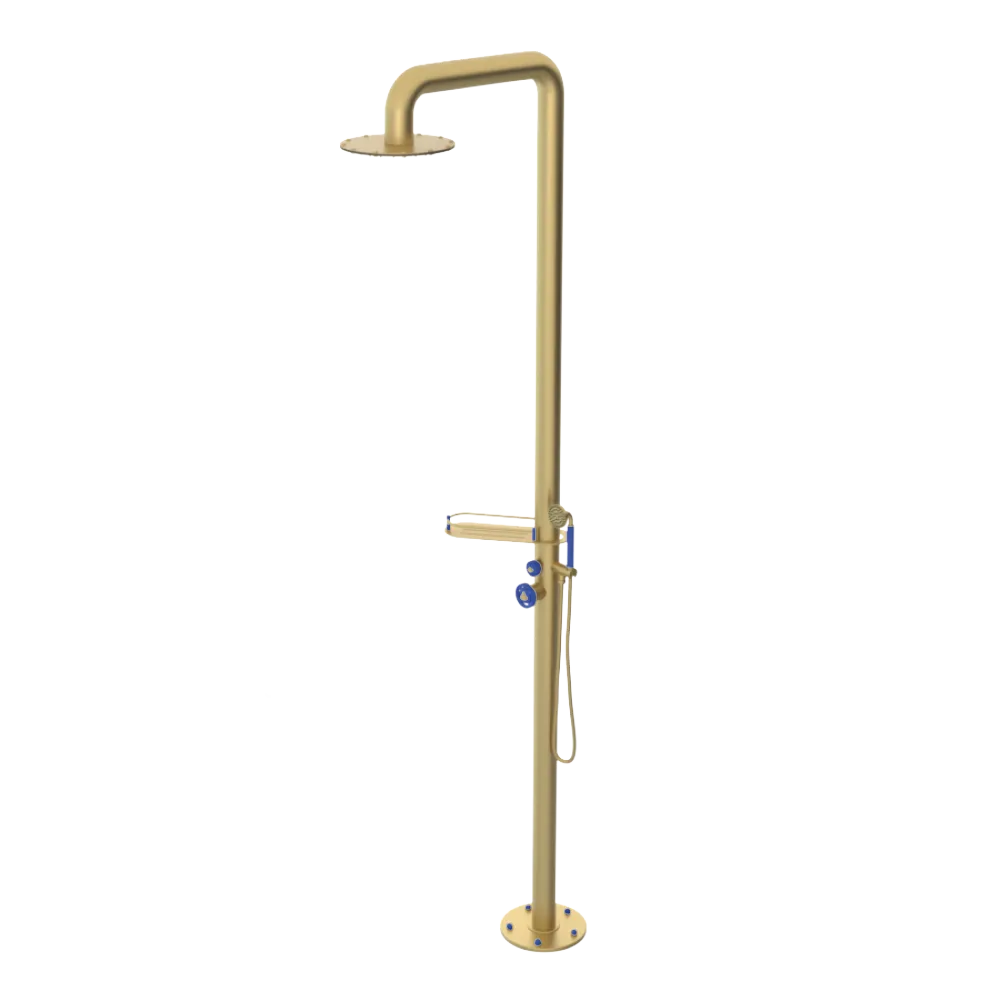 Rubinet Pressure Balance Outdoor Shower with Hand Held Shower & 10" Shower Head (with shelf) - 304 Stainless Steel Satin Brass