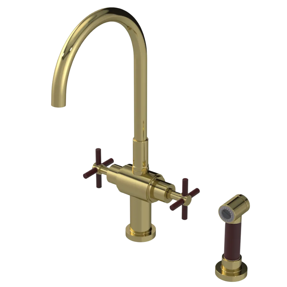 Rubinet Two Handle Single Hole Kitchen Set with LaSalle Spout with Hand Spray Natural Brass