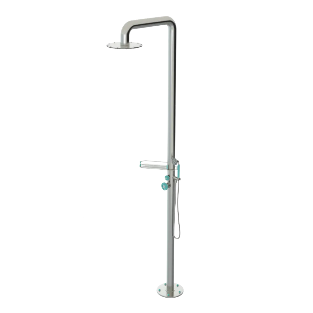 Rubinet Pressure Balance Outdoor Shower with Hand Held Shower & 10" Shower Head (with shelf) - 304 Stainless Steel Satin Nickel