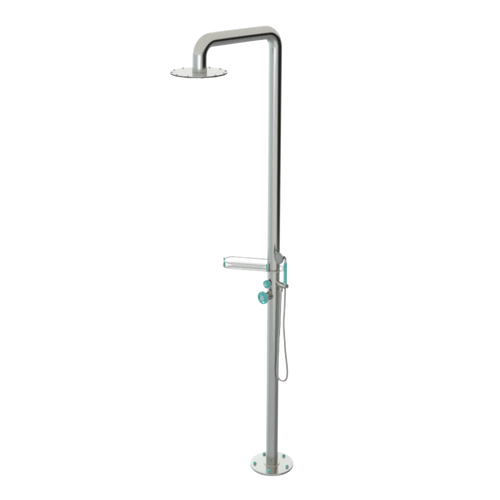 Rubinet Pressure Balance Outdoor Shower with Hand Held Shower & 10" Shower Head (with shelf) - 304 Stainless Steel Satin Nickel