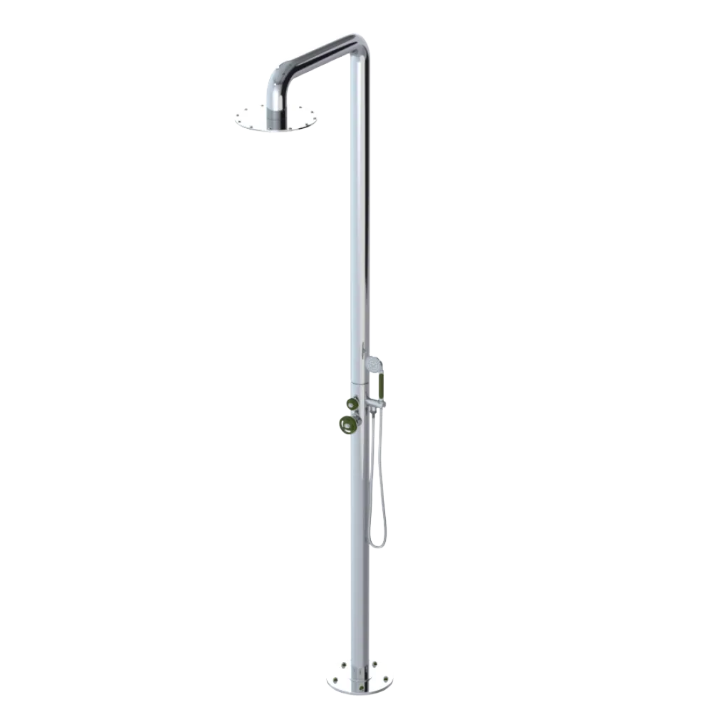 Rubinet Pressure Balance Outdoor Shower with Hand Held Shower & 10" Shower Head - 304 Stainless Steel Chrome