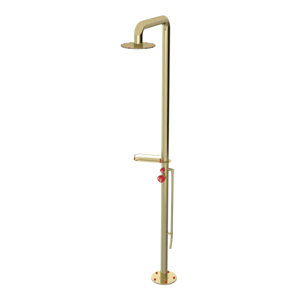 Rubinet Pressure Balance Outdoor Shower with Foot Rinse & 10" Shower Head (with shelf) - 304 Stainless Steel Bright Brass