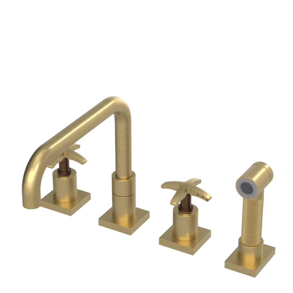 Rubinet Widespread Kitchen Set with Genesis Spout with Hand Spray Satin Gold