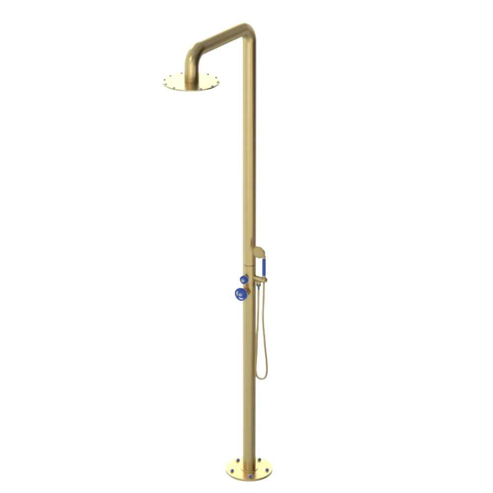 Rubinet Pressure Balance Outdoor Shower with Hand Held Shower & 10" Shower Head - 304 Stainless Steel Satin Gold