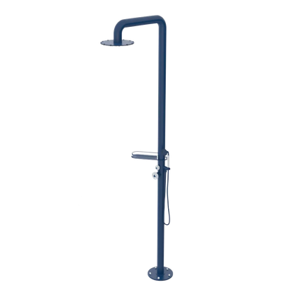 Rubinet Pressure Balance Outdoor Shower with Hand Held Shower & 10" Shower Head (with shelf) - 304 Stainless Steel Midnight Blue