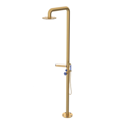 Rubinet Pressure Balance Outdoor Shower with Hand Held Shower & 10" Shower Head (with shelf) - 304 Stainless Steel Satin Gold