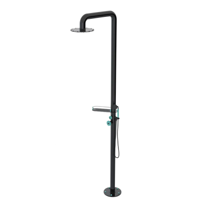 Rubinet Pressure Balance Outdoor Shower with Hand Held Shower & 10" Shower Head (with shelf) - 304 Stainless Steel Black