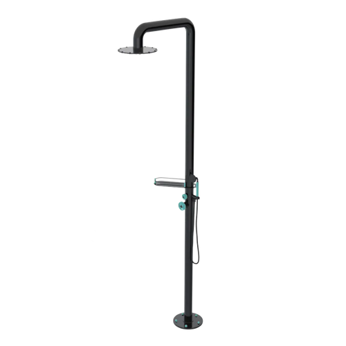 Rubinet Pressure Balance Outdoor Shower with Hand Held Shower & 10" Shower Head (with shelf) - 304 Stainless Steel Black