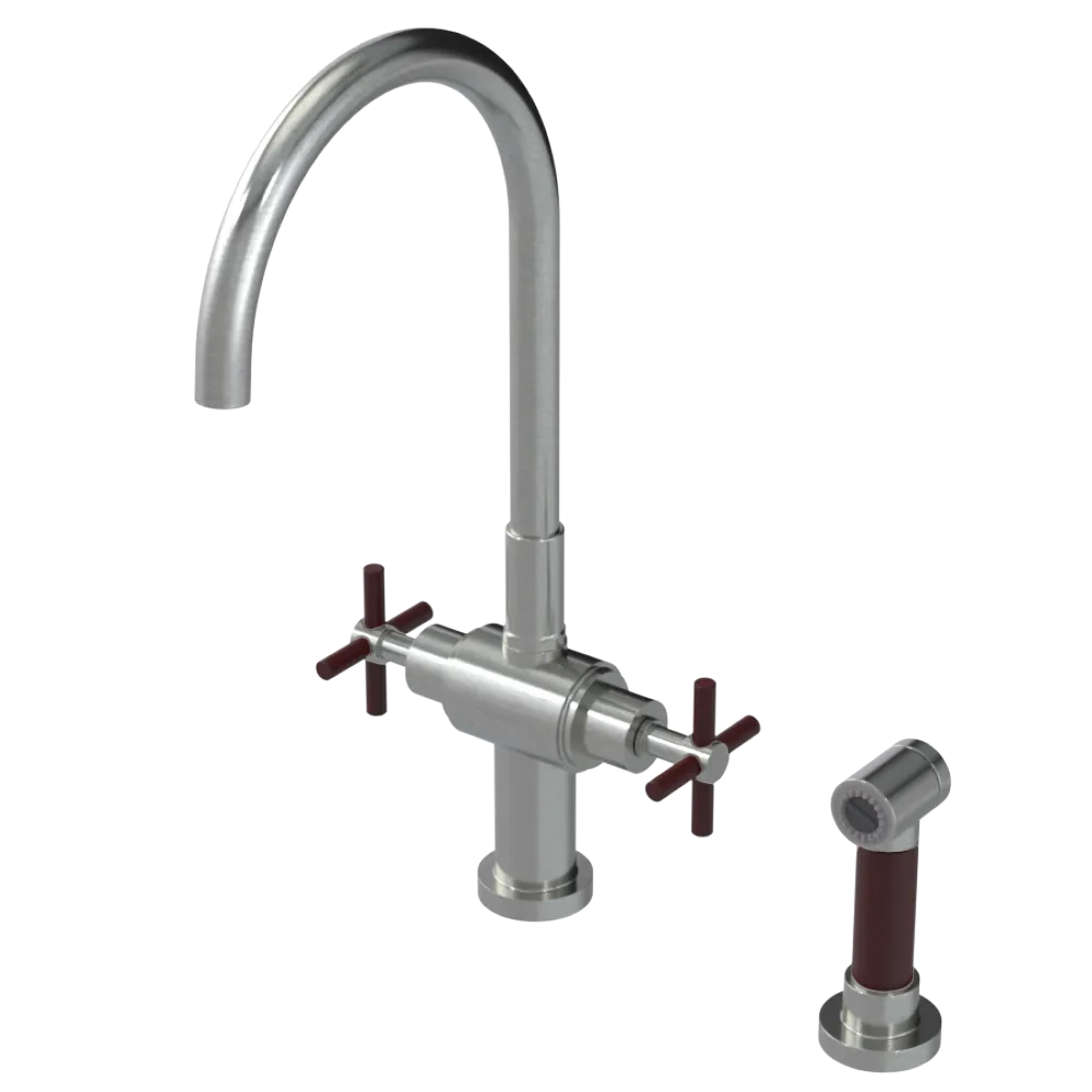 Rubinet Two Handle Single Hole Kitchen Set with LaSalle Spout with Hand Spray Satin Nickel