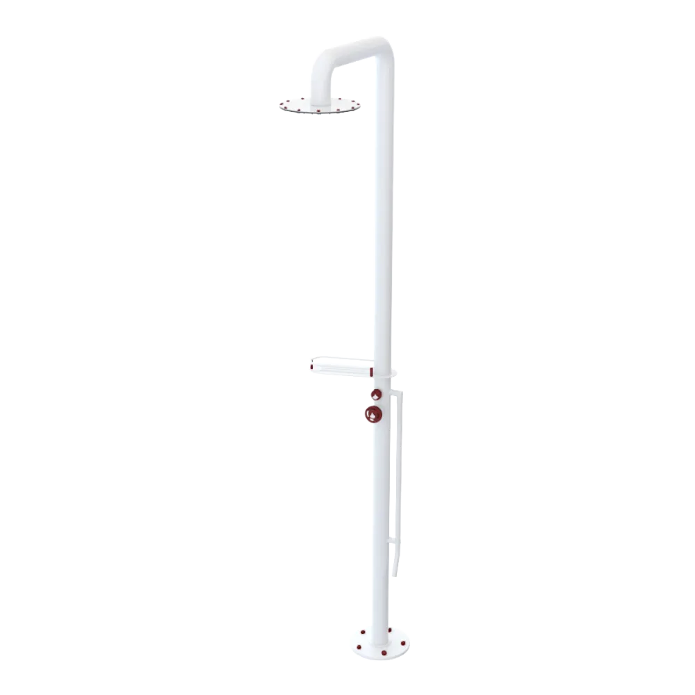 Rubinet Pressure Balance Outdoor Shower with Foot Rinse & 10" Shower Head (with shelf) - 304 Stainless Steel White