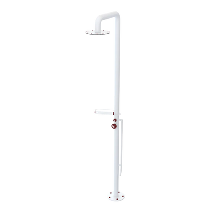 Rubinet Pressure Balance Outdoor Shower with Foot Rinse & 10" Shower Head (with shelf) - 304 Stainless Steel White
