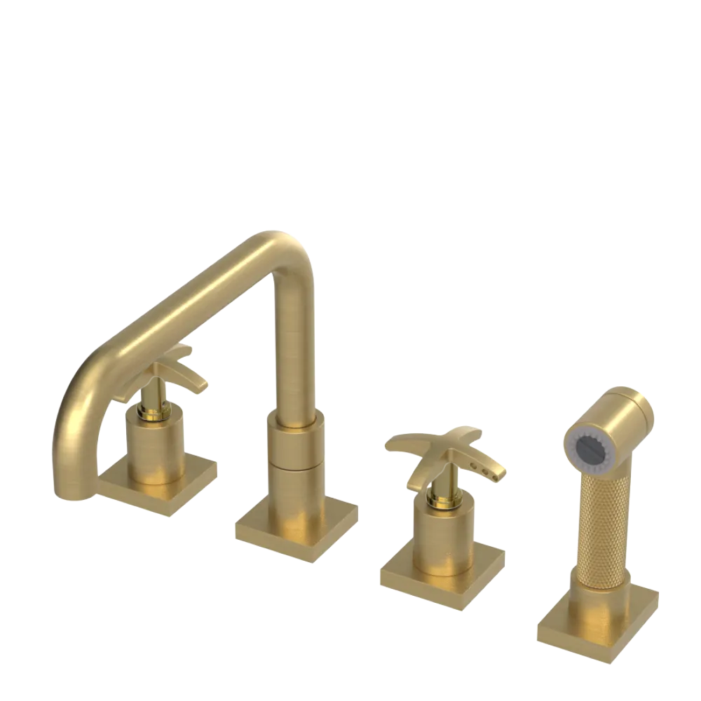 Rubinet Widespread Kitchen Set with Genesis Spout with Hand Spray Satin Brass