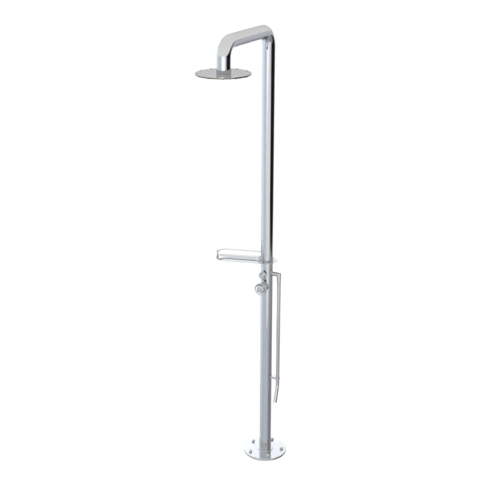 Rubinet Pressure Balance Outdoor Shower with Foot Rinse & 10" Shower Head (with shelf) - 304 Stainless Steel Chrome