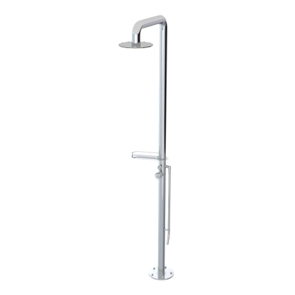 Rubinet Pressure Balance Outdoor Shower with Foot Rinse & 10" Shower Head (with shelf) - 304 Stainless Steel Chrome
