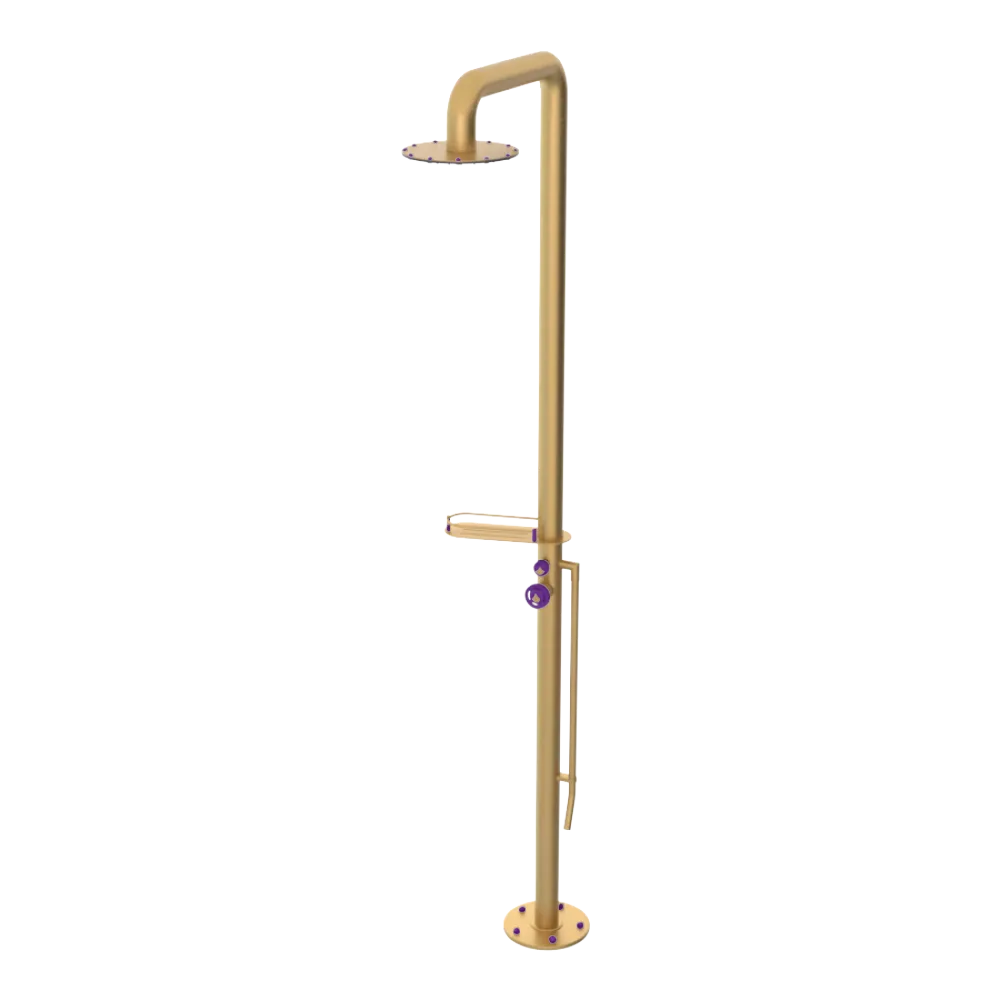 Rubinet Pressure Balance Outdoor Shower with Foot Rinse & 10" Shower Head (with shelf) - 304 Stainless Steel Satin Gold