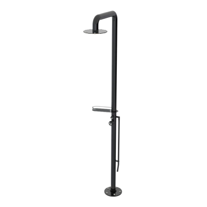 Rubinet Pressure Balance Outdoor Shower with Foot Rinse & 10" Shower Head (with shelf) - 304 Stainless Steel Black