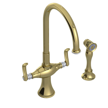 Rubinet Two Handle Single Hole Kitchen Set with Hand Spray Natural Brass