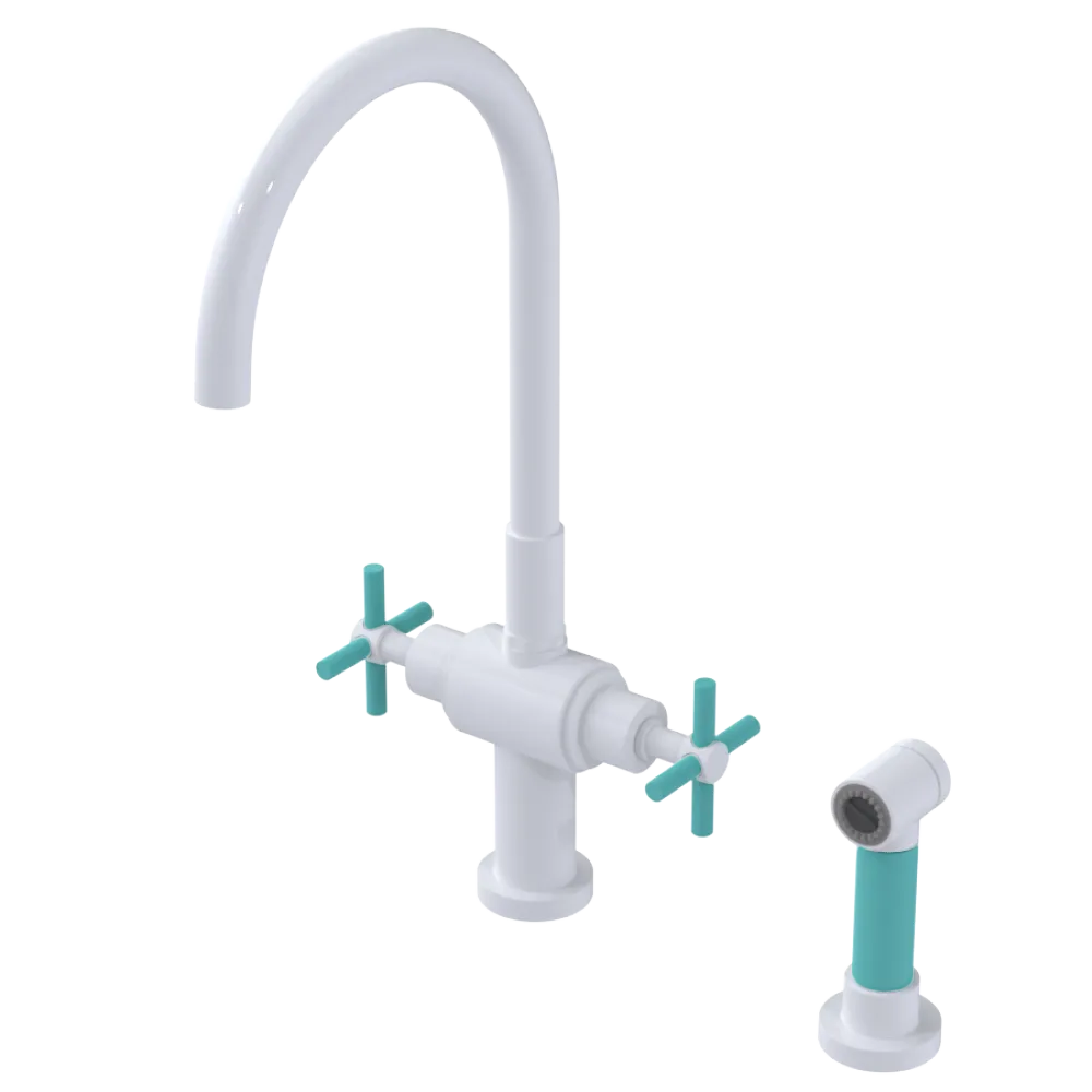 Rubinet Two Handle Single Hole Kitchen Set with LaSalle Spout with Hand Spray White