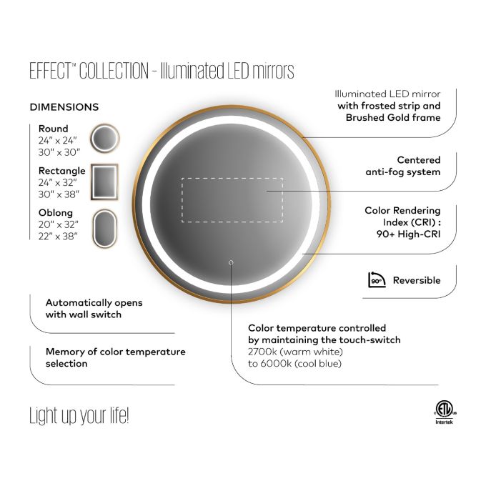KALIA EFFECTLED-illuminated bathroom mirror - 24" x 24" - Brushed gold