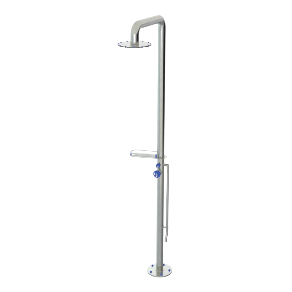 Rubinet Pressure Balance Outdoor Shower with Foot Rinse & 10" Shower Head (with shelf) - 304 Stainless Steel Satin Nickel