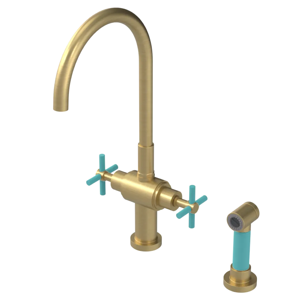 Rubinet Two Handle Single Hole Kitchen Set with LaSalle Spout with Hand Spray Satin Brass