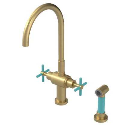 Rubinet Two Handle Single Hole Kitchen Set with LaSalle Spout with Hand Spray Satin Brass