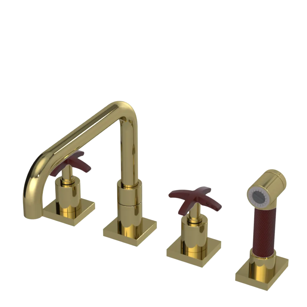 Rubinet Widespread Kitchen Set with Genesis Spout with Hand Spray Natural Brass