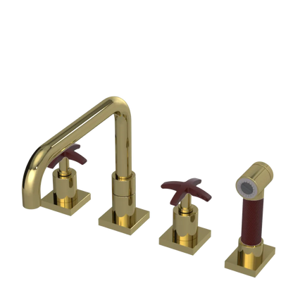 Rubinet Widespread Kitchen Set with Genesis Spout with Hand Spray Natural Brass