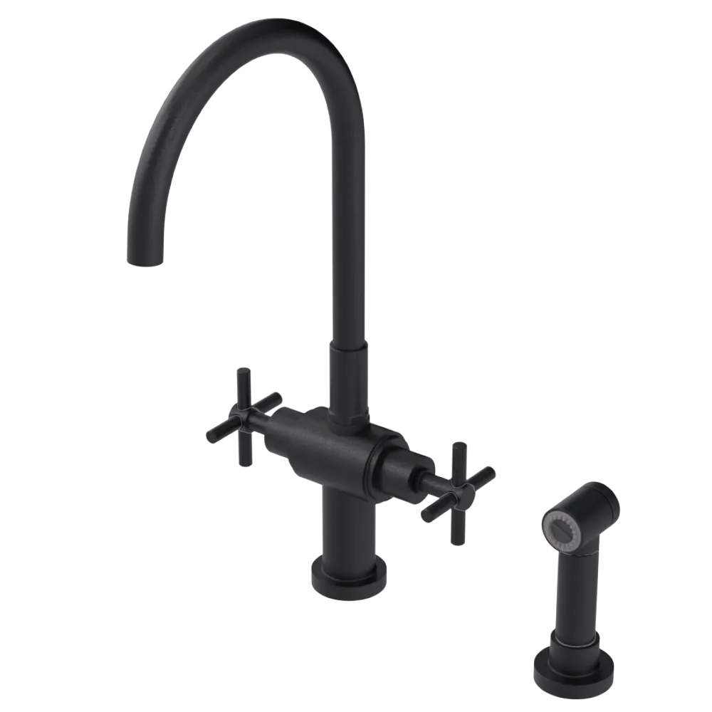 Rubinet Two Handle Single Hole Kitchen Set with LaSalle Spout with Hand Spray Matt Black