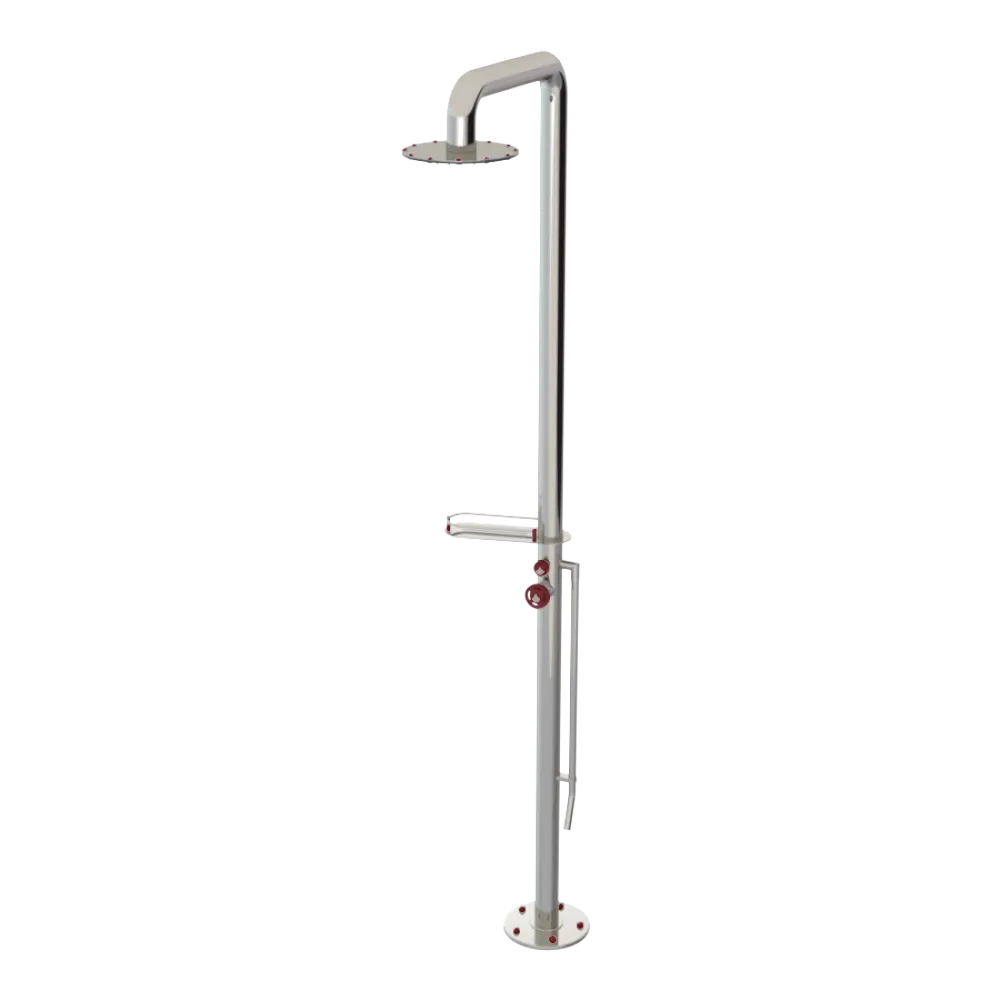 Rubinet Pressure Balance Outdoor Shower with Foot Rinse & 10" Shower Head (with shelf) - 304 Stainless Steel Polished Nickel