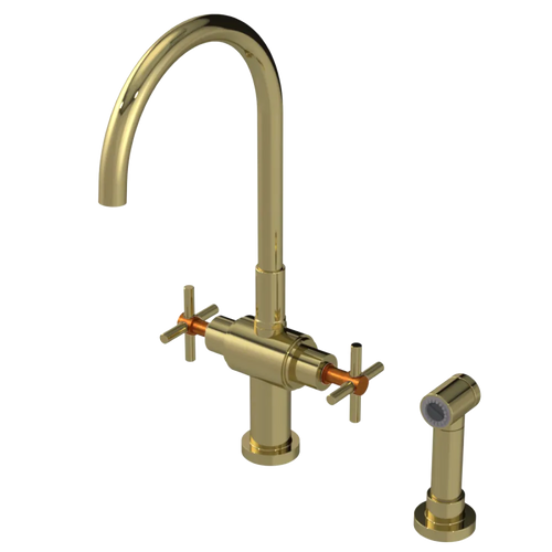 Rubinet Two Handle Single Hole Kitchen Set with LaSalle Spout with Hand Spray Natural Brass