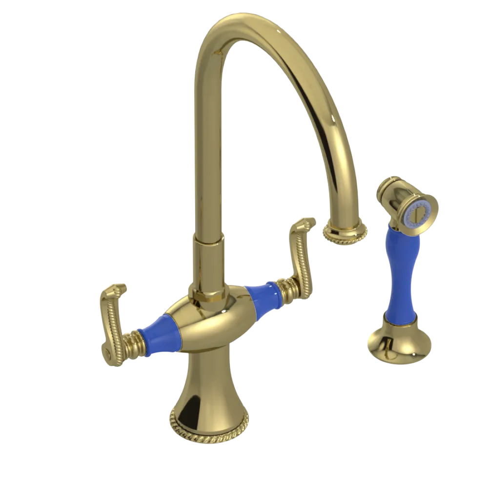 Rubinet Two Handle Single Hole Kitchen Set with Hand Spray Natural Brass
