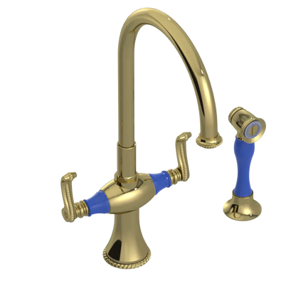 Rubinet Two Handle Single Hole Kitchen Set with Hand Spray Natural Brass