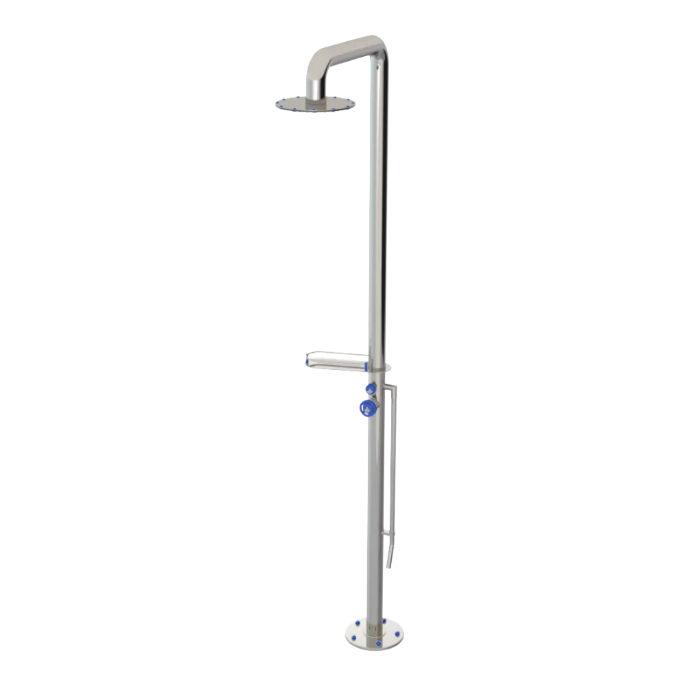 Rubinet Pressure Balance Outdoor Shower with Foot Rinse & 10" Shower Head (with shelf) - 304 Stainless Steel Polished Nickel