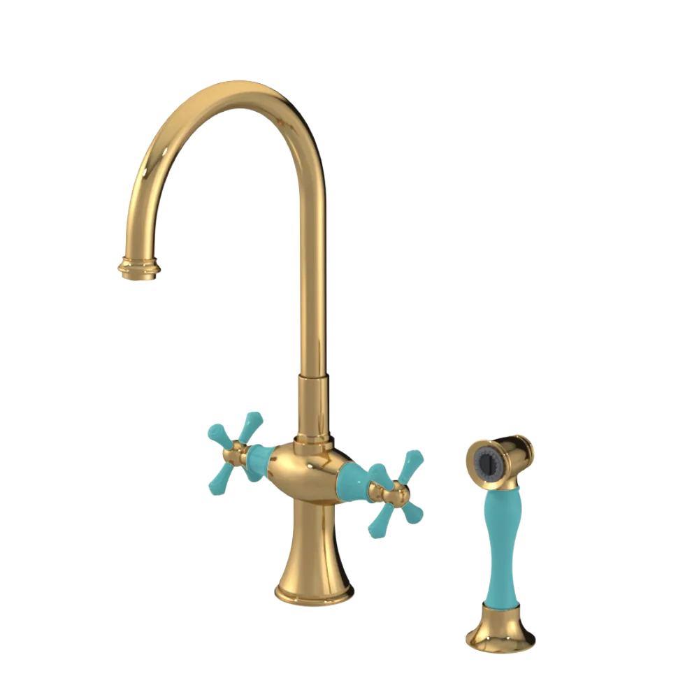 Rubinet Two Handle Single Hole Kitchen Set with Hand Spray Gold