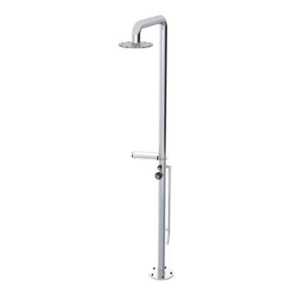 Rubinet Pressure Balance Outdoor Shower with Foot Rinse & 10" Shower Head (with shelf) - 304 Stainless Steel Chrome