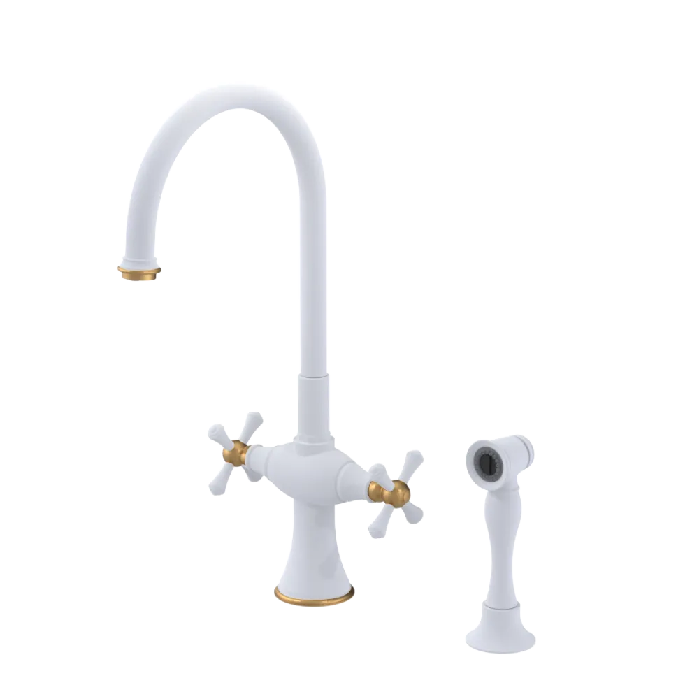 Rubinet Two Handle Single Hole Kitchen Set with Hand Spray Matt White