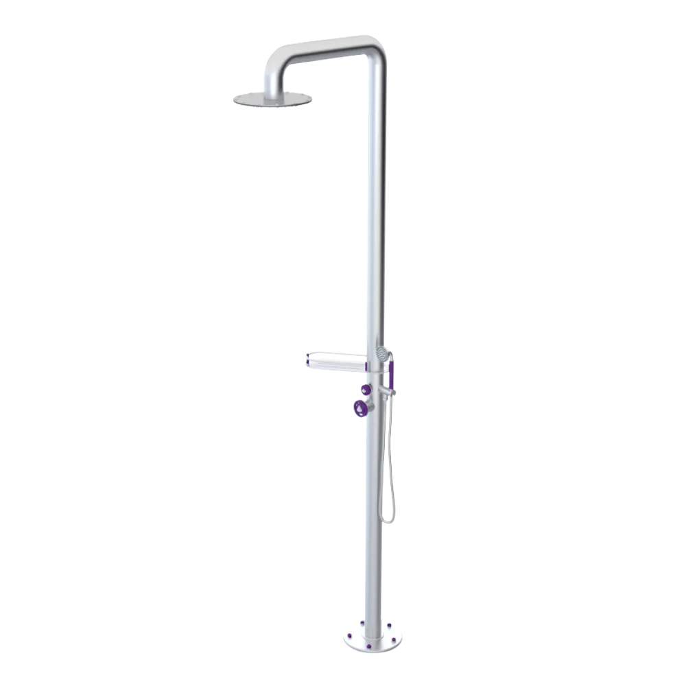 Rubinet Pressure Balance Outdoor Shower with Hand Held Shower & 10" Shower Head (with shelf) - 304 Stainless Steel Satin Chrome