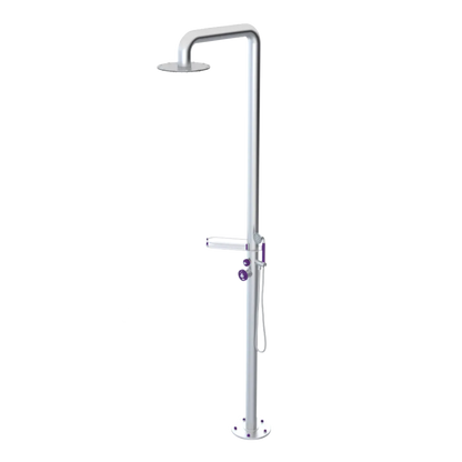 Rubinet Pressure Balance Outdoor Shower with Hand Held Shower & 10" Shower Head (with shelf) - 304 Stainless Steel Satin Chrome