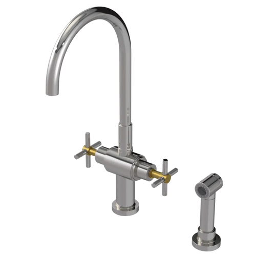 Rubinet Two Handle Single Hole Kitchen Set with LaSalle Spout with Hand Spray Polished Nickel