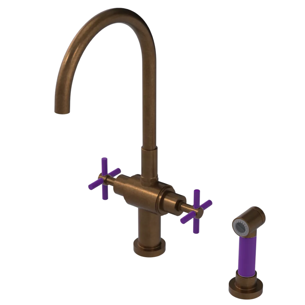 Rubinet Two Handle Single Hole Kitchen Set with LaSalle Spout with Hand Spray Tuscan Brass
