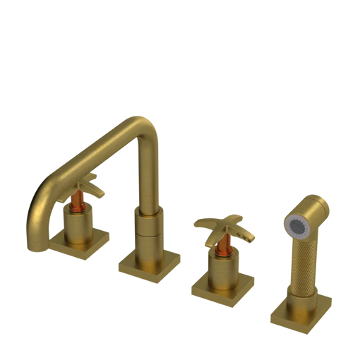 Rubinet Widespread Kitchen Set with Genesis Spout with Hand Spray Antique Brass Matt