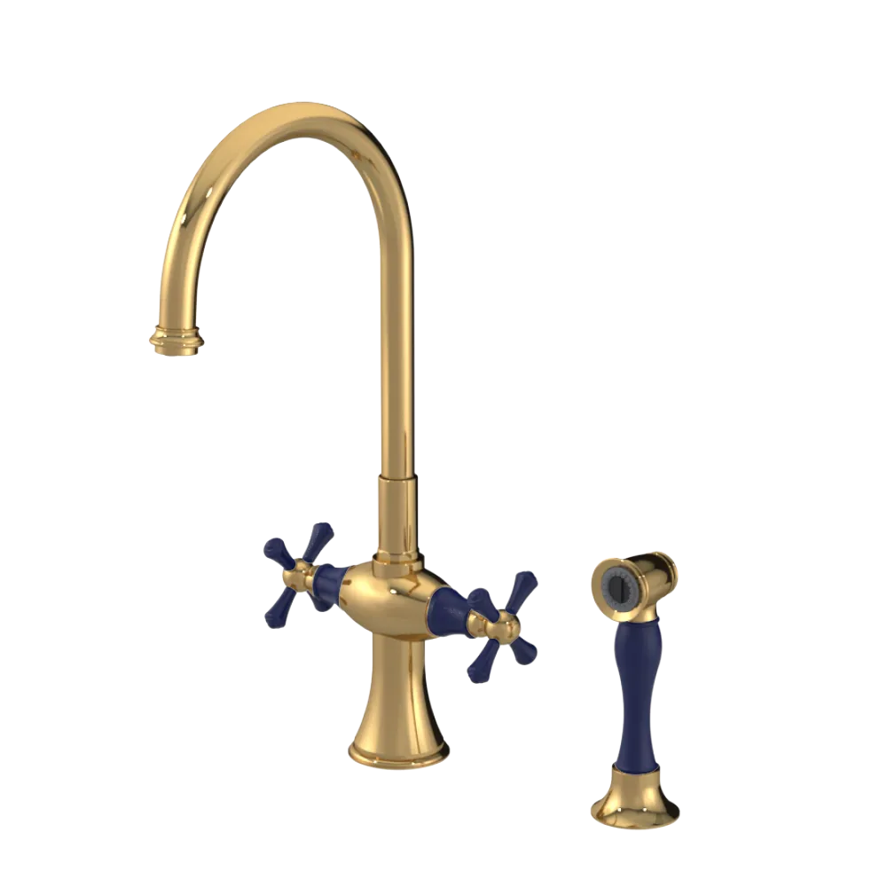 Rubinet Two Handle Single Hole Kitchen Set with Hand Spray Gold