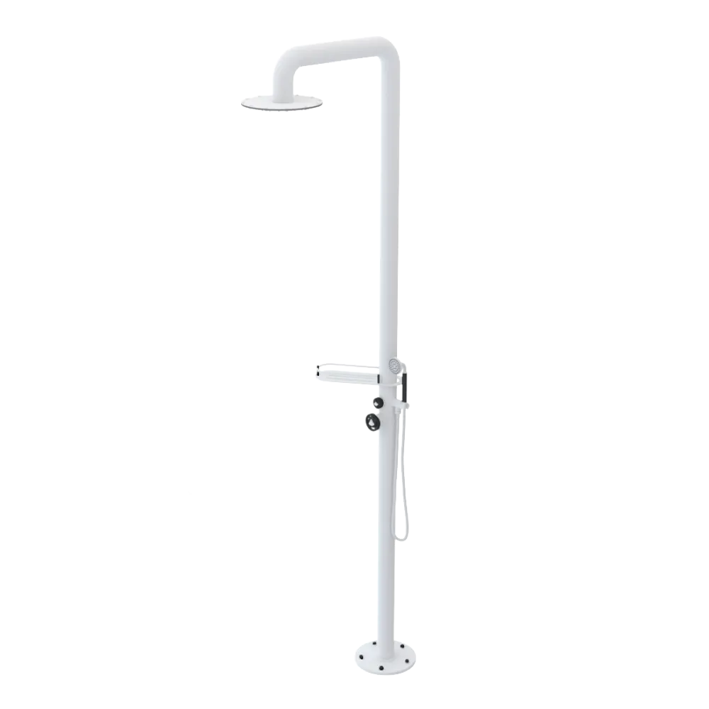 Rubinet Pressure Balance Outdoor Shower with Hand Held Shower & 10" Shower Head (with shelf) - 304 Stainless Steel Matt White